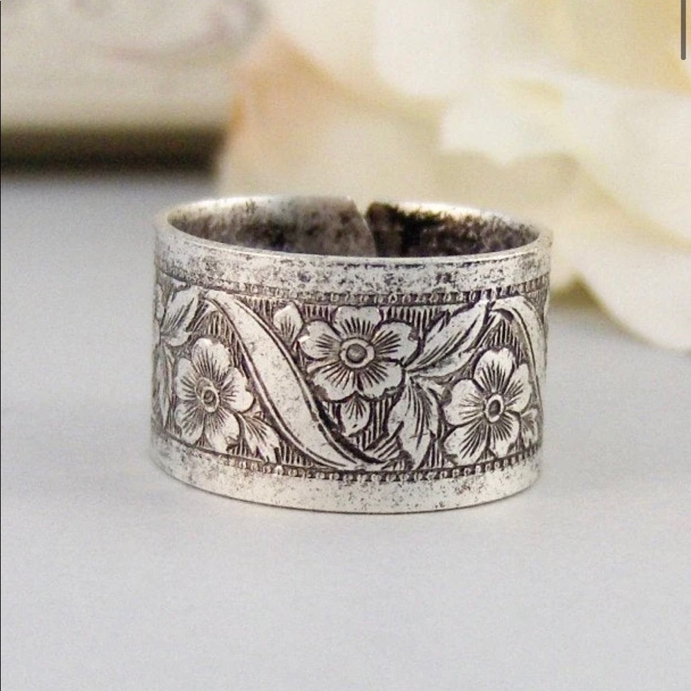 Ring Flower Silver Floral Gypsy Boho Antique